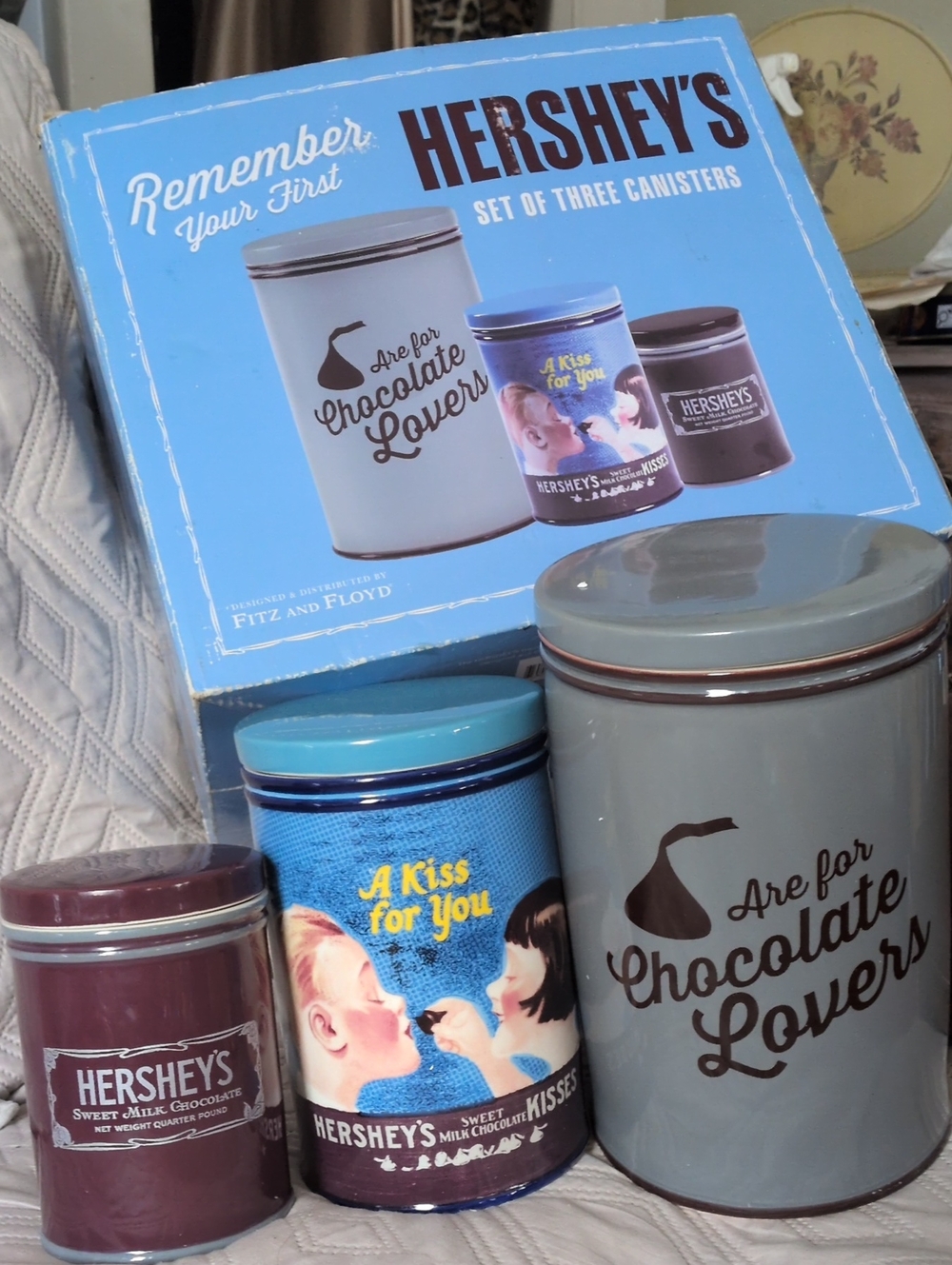 Vintage 1980, Porcelain Chocolate Lovers Canister Set - Gray, Blue, Brown